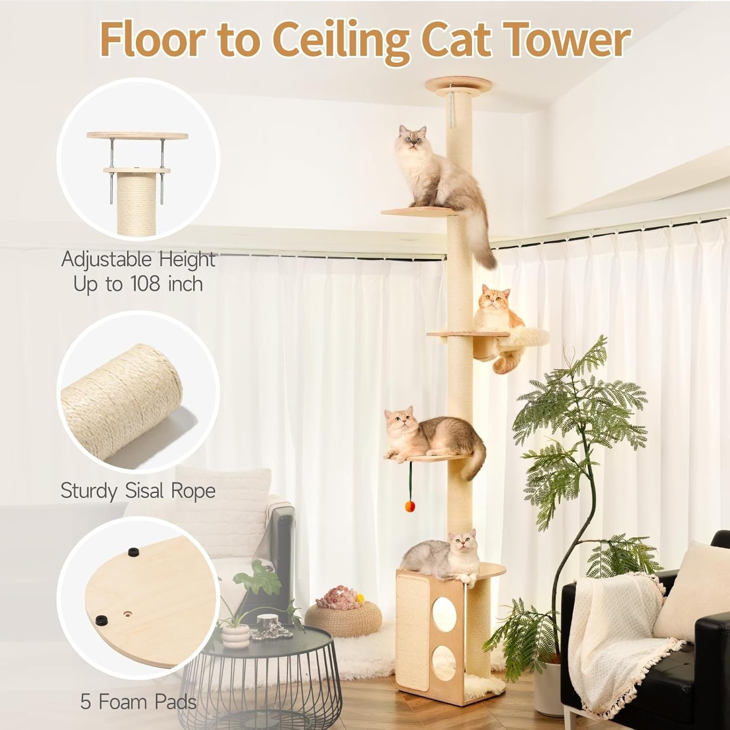 108" Floor-to-Ceiling Cat Tree – Wooden Multi-Level Tower with Sisal Scratching Posts, Perches & Hammock