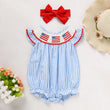 Baby Girl 4th of July Outfit – American Flag Embroidered Smocked Bubble Romper with Matching Headband
