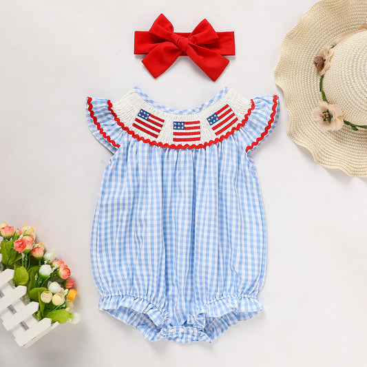 Baby Girl 4th of July Outfit – American Flag Embroidered Smocked Bubble Romper with Matching Headband