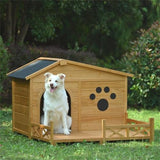 48" Wooden Dog House with Porch – Outdoor/Indoor Kennel with Water-Resistant Asphalt Roof, Fencing & Paw Print Design