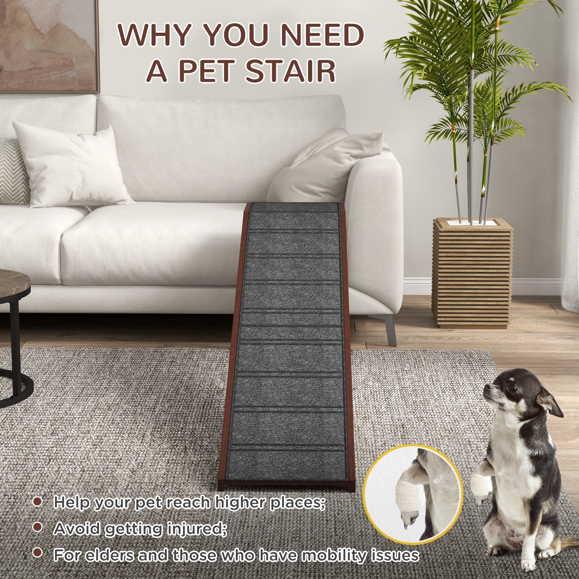 Pet Ramp for Dogs with Non-Slip Carpet & Top Platform – Pine Wood, 74" × 16" × 25"