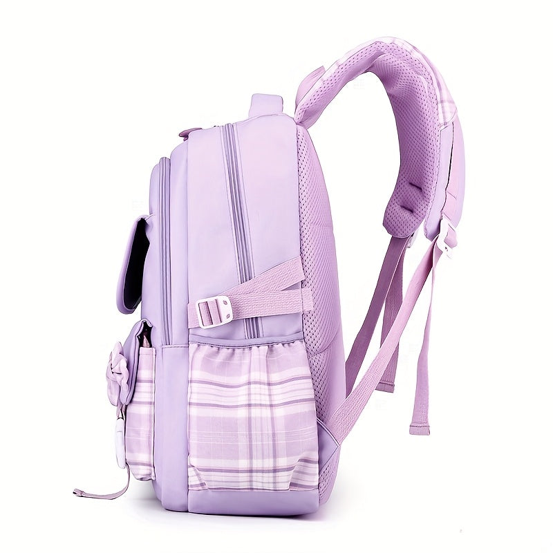 Sanrio Hello Kitty Large Capacity Laptop Backpack with Adjustable Straps & 2 Free Hairpins – Purple Plaid Print