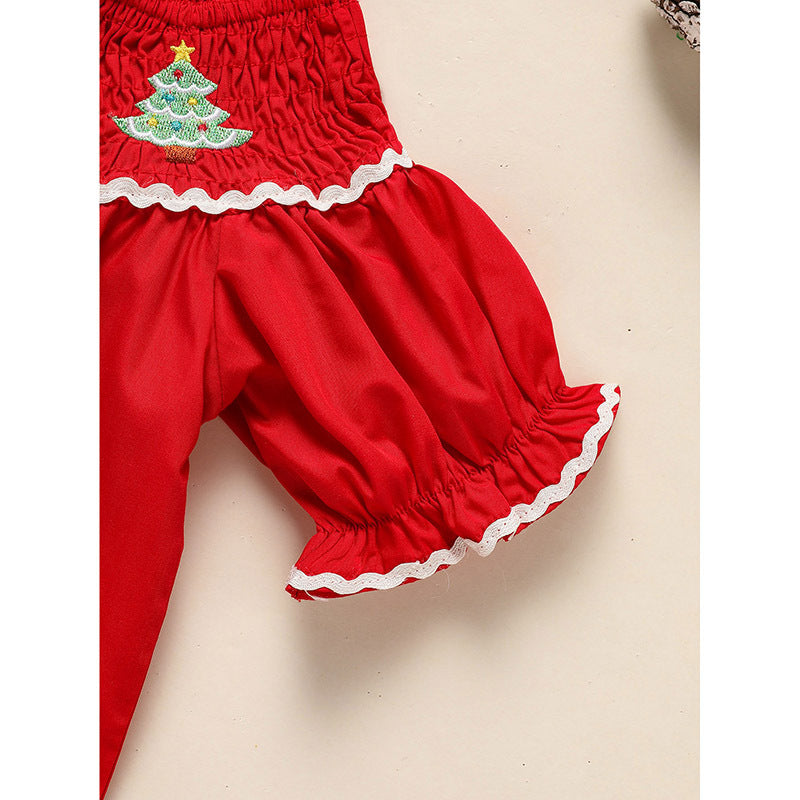 Toddler & Infant Girl Christmas Dress – Smocked Christmas Tree Embroidery Short Sleeve Party Outfit