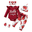 Newborn Baby Girl Outfit – “Hello I’m New Here” Romper Set with Floral Pants, Hat & Headband | Coming Home Clothes