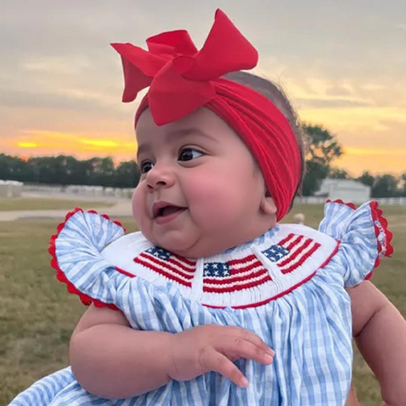Baby Girl 4th of July Outfit – American Flag Embroidered Smocked Bubble Romper with Matching Headband