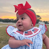 Baby Girl 4th of July Outfit – American Flag Embroidered Smocked Bubble Romper with Matching Headband