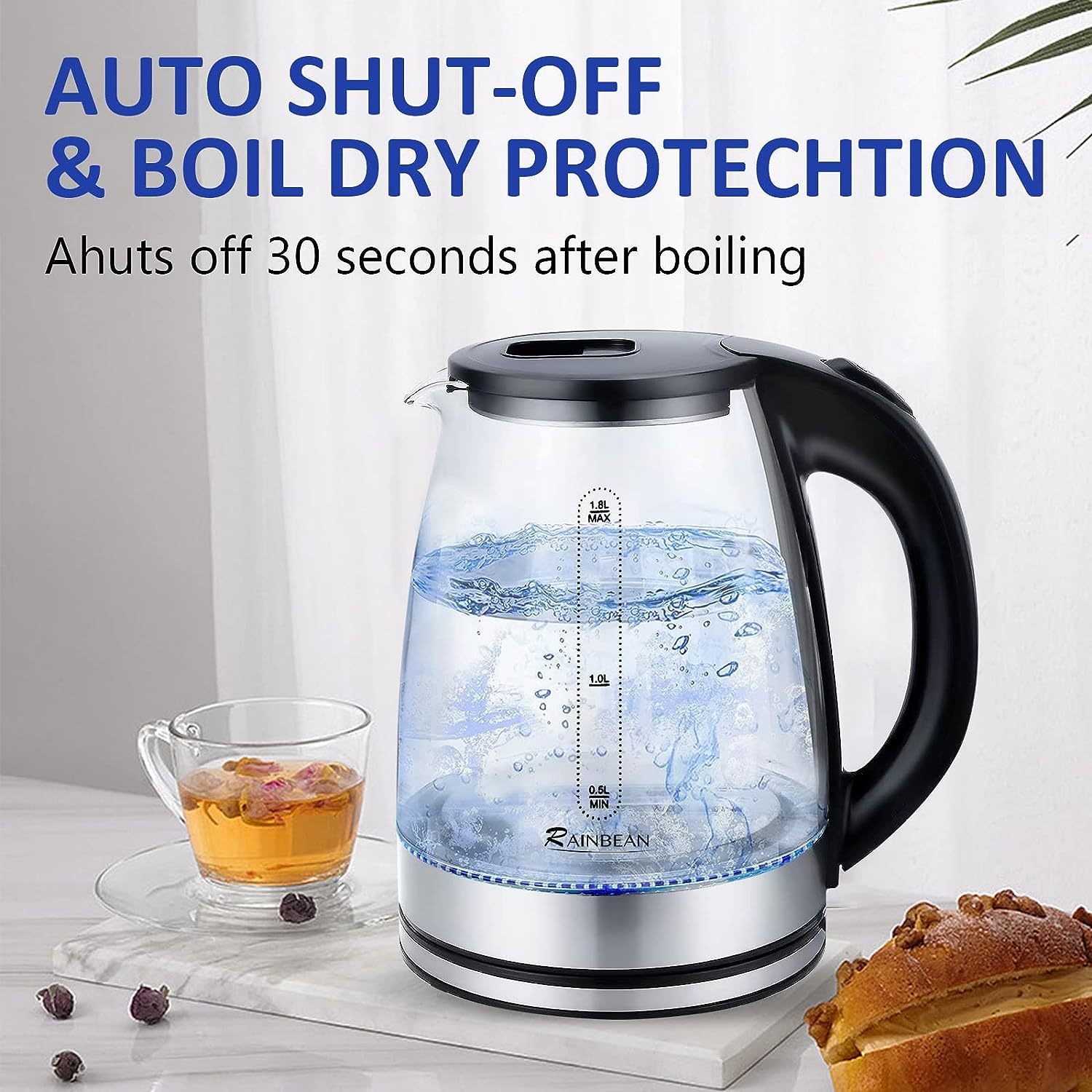 1.8 L Glass Electric Kettle with Viewing Window – LED-Light Hot-Water Boiler with Auto Shut-Off & Boil-Dry Protection (Black)