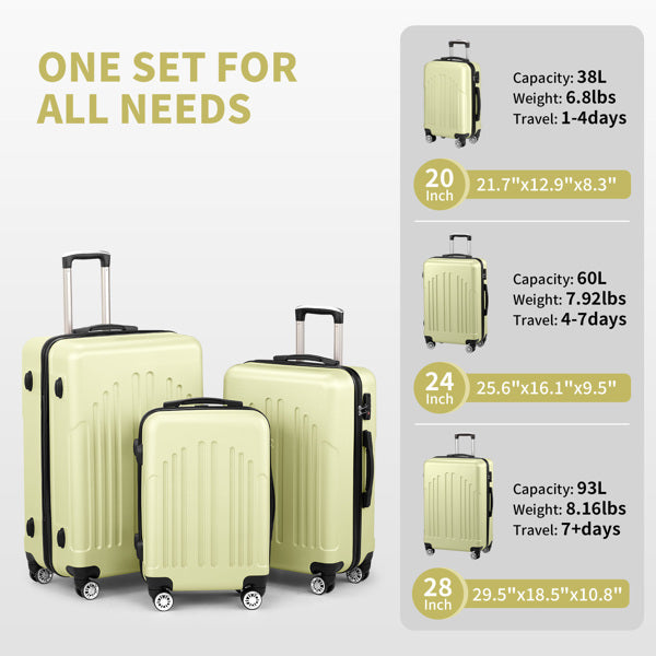 3-Piece ABS+PC Curved Vertical Luggage Set – Hard Shell Spinner Suitcases with TSA Lock & 360° Wheels (20", 24", 28")