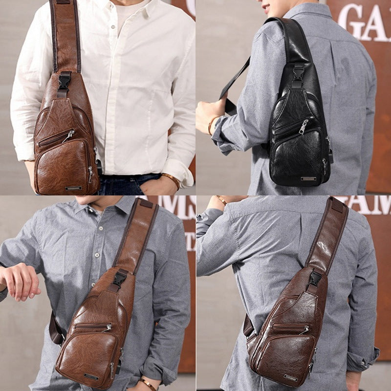Men’s USB Charging Chest Bag – PU Leather Crossbody Travel Shoulder Messenger Bag