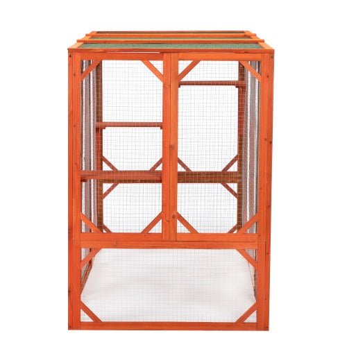 Outdoor Wooden Cat House – Waterproof Asphalt Roof & Fir Mesh Enclosure (Orange)