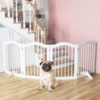 27.6″ Tall 4-Panel Freestanding Wooden Pet Gate – Foldable Safety Fence with Support Feet