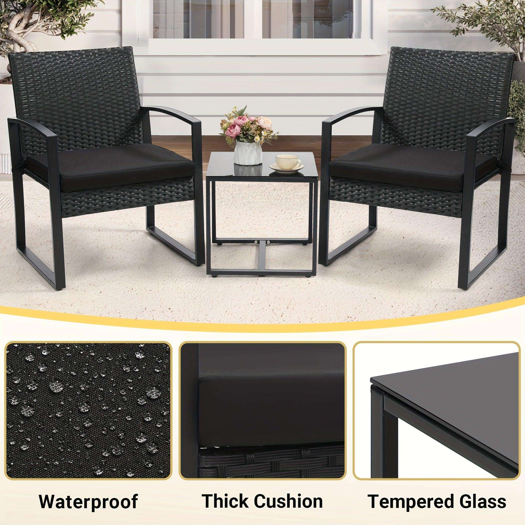 Rattan 3pcs Bistro Set, Outdoor Patio Furniture Conversation Set With 2 Chairs And 1 Safety Glass Top Table, Overstuffed Cushions, Wicker Porch Set, Ideal For Backyard - PulinGO