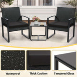 Rattan 3pcs Bistro Set, Outdoor Patio Furniture Conversation Set With 2 Chairs And 1 Safety Glass Top Table, Overstuffed Cushions, Wicker Porch Set, Ideal For Backyard - PulinGO
