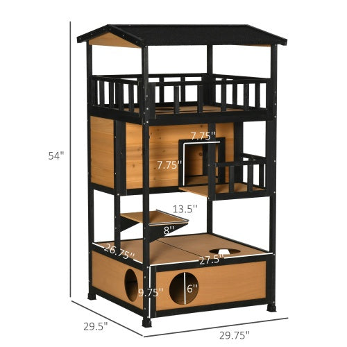 Wooden Outdoor Cat House – Weatherproof Wild Cat Shelter with Multi-Level Kitten Tree & Safe Resting Space