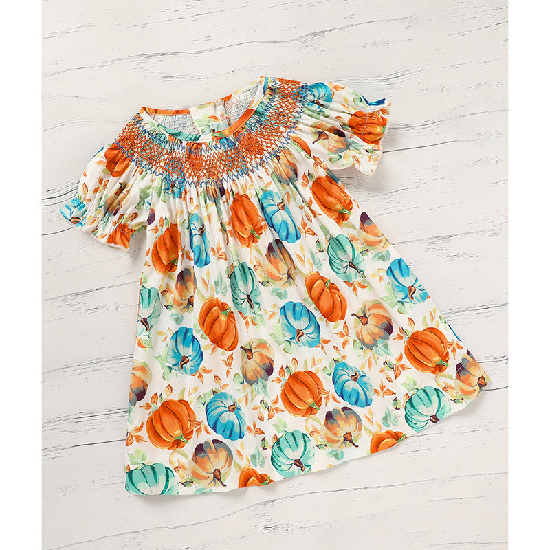 Toddler Baby Girl Pumpkin Smocked Dress – Fall Thanksgiving Halloween Embroidered Princess Party Outfit