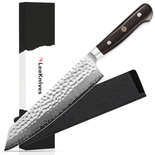 8.5-Inch VG10 Damascus Kiritsuke Knife – Hammered Blade with Ebony Wood Handle & Gift Box