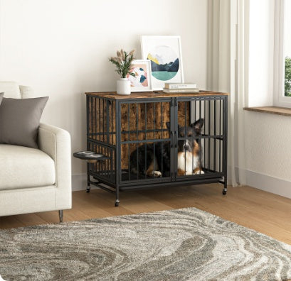 Multifunctional Dog Cage Furniture – Indoor Wooden Kennel with Double Doors & Removable Trays for Easy Cleaning