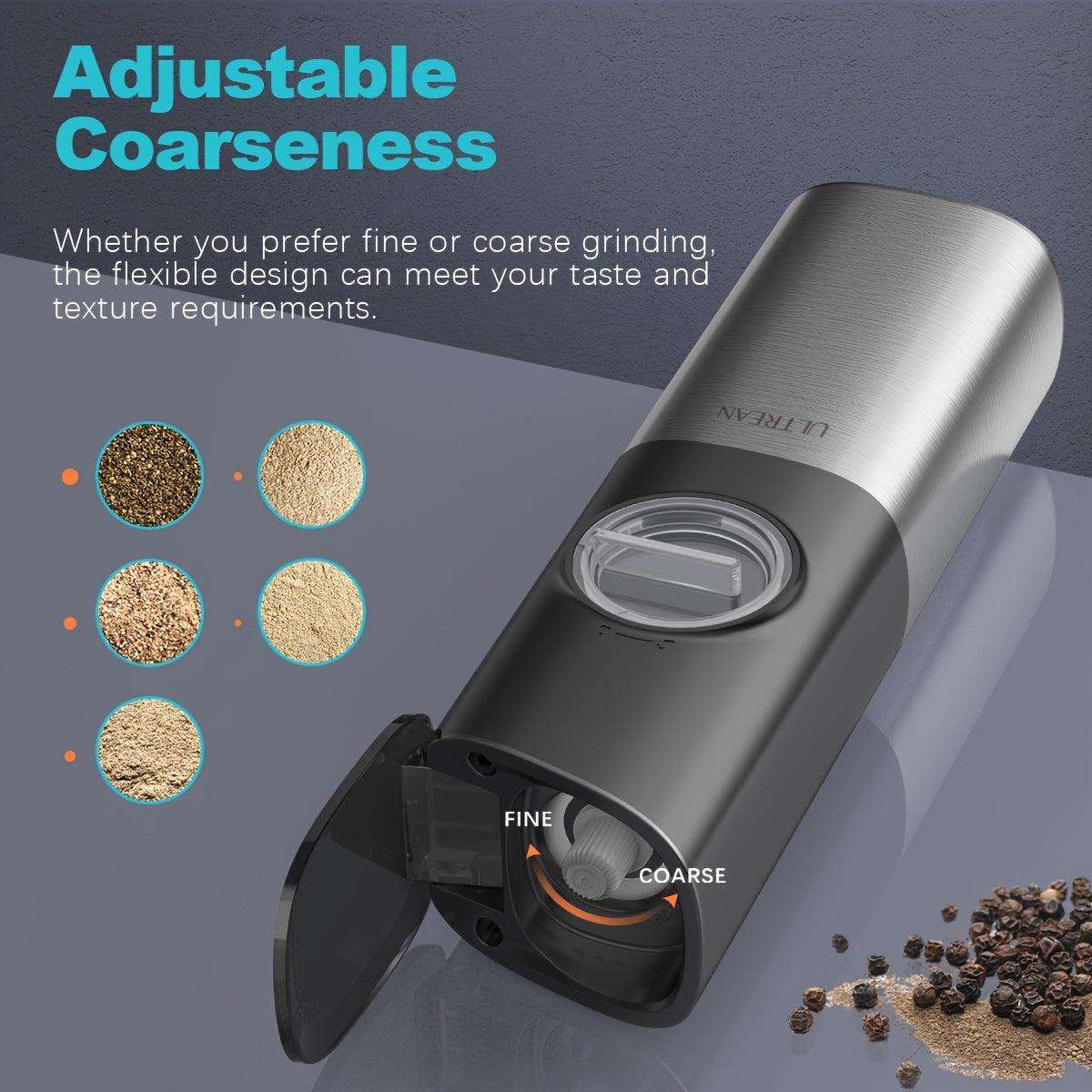 USB Rechargeable Ultrean Gravity Electric Salt And Pepper Grinder Set - Adjustable Fineness, Stainless Steel, One Handed Operation, Auto Dust Lids, LED Light, Dual Charging Base - PulinGO