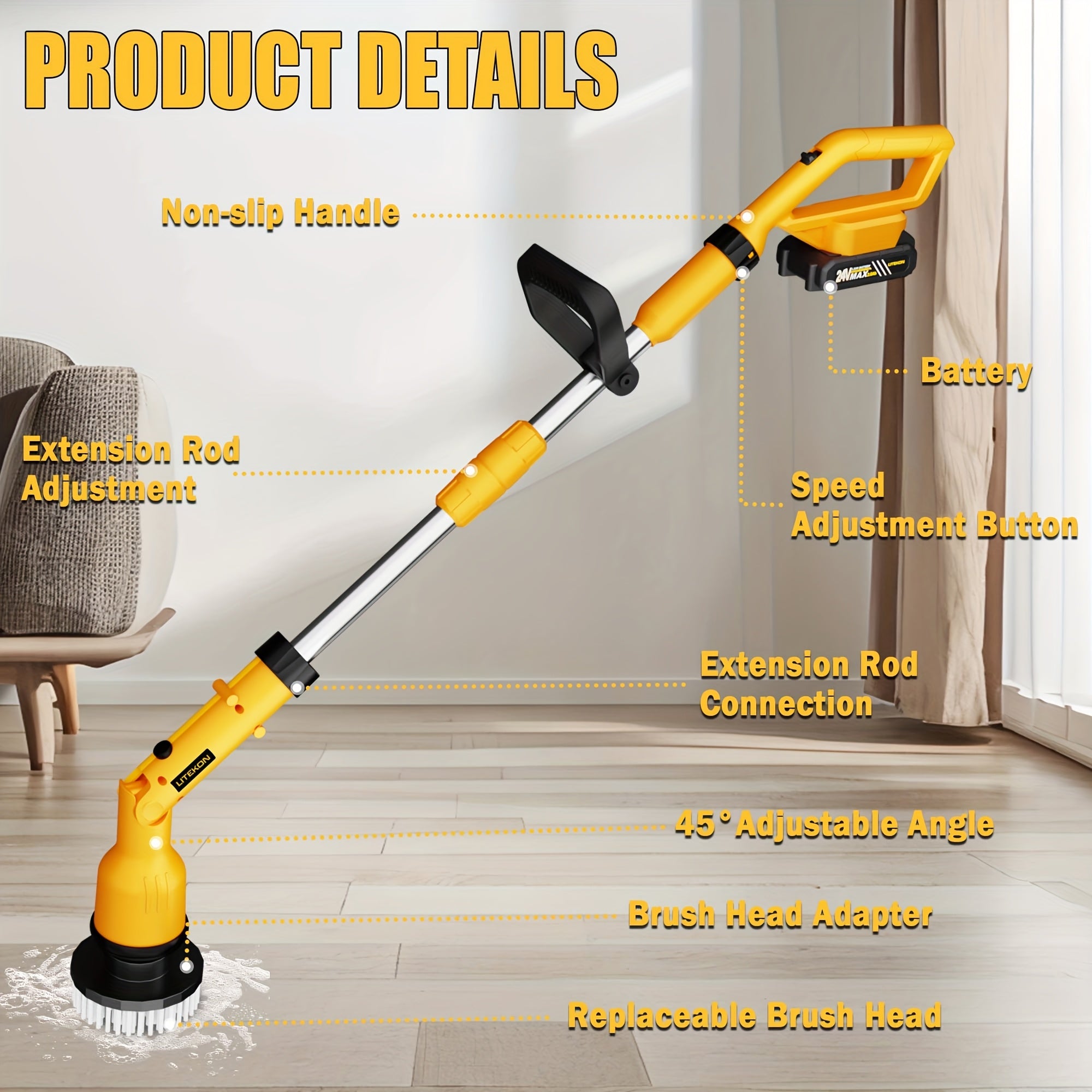 24 V Electric Spin Scrubber – Adjustable Extension Handle + 8 Brush Heads, 2-Speed Ergonomic Cleaner for Bathroom, Kitchen, Car & Walls