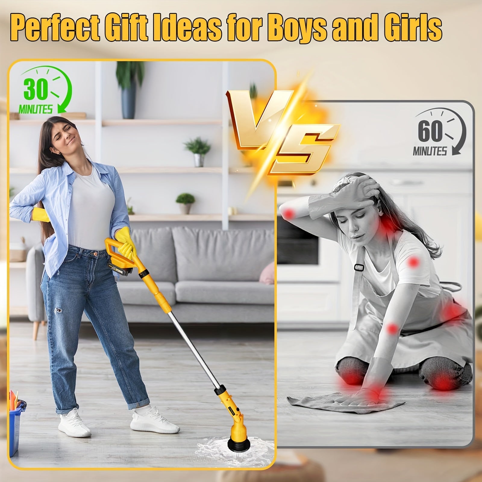 24 V Electric Spin Scrubber – Adjustable Extension Handle + 8 Brush Heads, 2-Speed Ergonomic Cleaner for Bathroom, Kitchen, Car & Walls