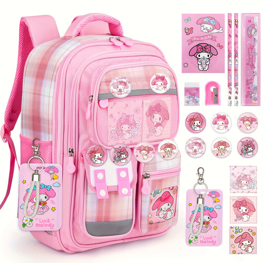 My Melody Large-Capacity School & Travel Backpack Set – Badge + ID Holder + Stationery Cards Included
