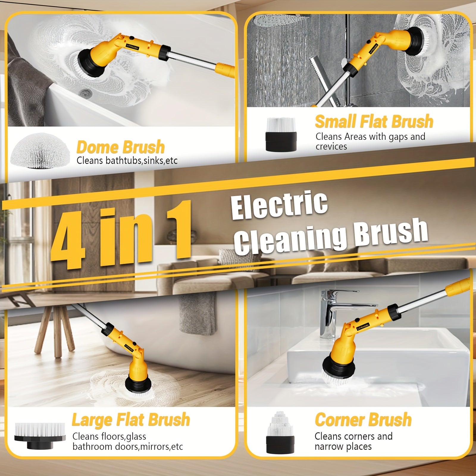 24 V Electric Spin Scrubber – Adjustable Extension Handle + 8 Brush Heads, 2-Speed Ergonomic Cleaner for Bathroom, Kitchen, Car & Walls
