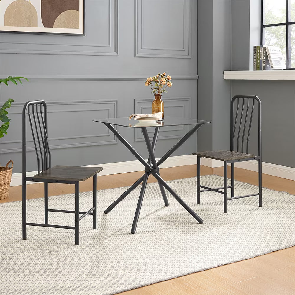 3-Piece Modern Bistro Set for 2 - Square Glass Dining Table with 2 Chairs
