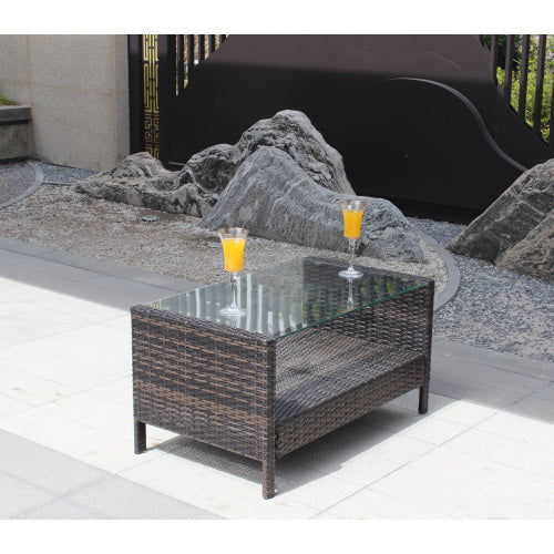 All-Weather Wicker Patio Coffee Table with Glass Top - Outdoor Rattan Center Table