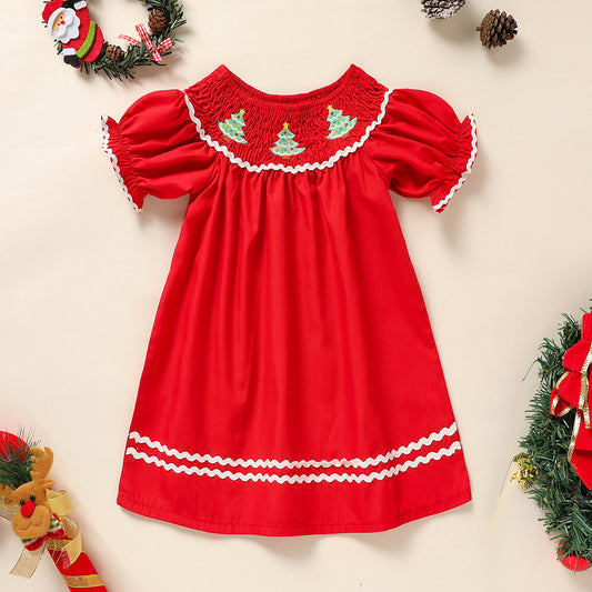 Toddler & Infant Girl Christmas Dress – Smocked Christmas Tree Embroidery Short Sleeve Party Outfit