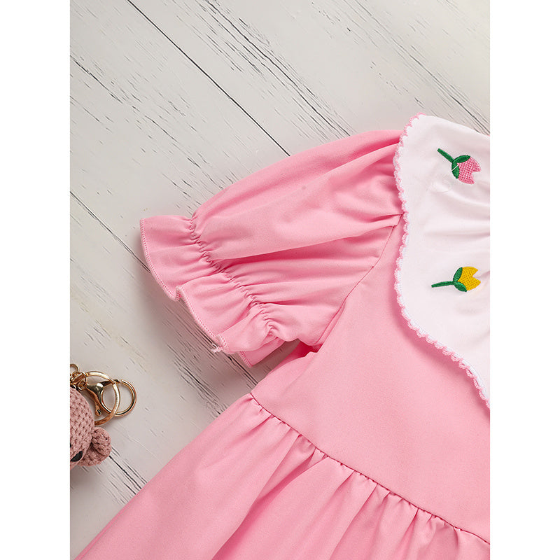 Toddler Baby Girl Spring Tulip Smocked Short Sleeve Dress with Lovely Tulip Embroidery – Princess Outfit