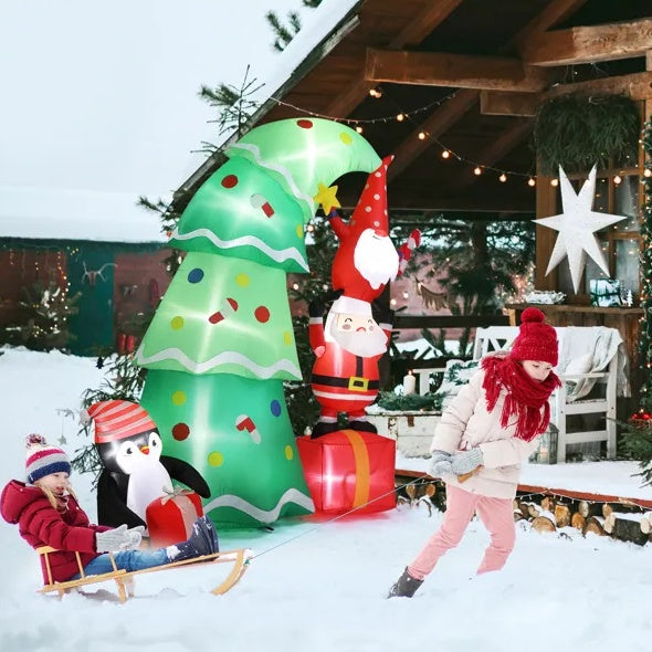 6-Ft Inflatable Christmas Tree with Elf & Santa – Lighted Outdoor Holiday Decoration