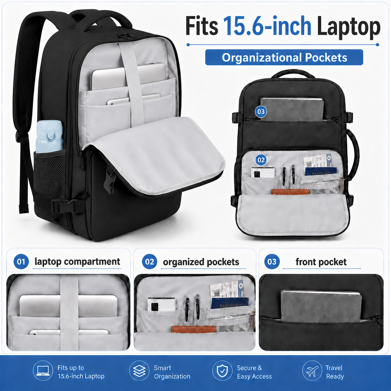 TSA-Friendly Carry-On Travel Backpack with 15.6-Inch Laptop Compartment & Wet Pocket – Black