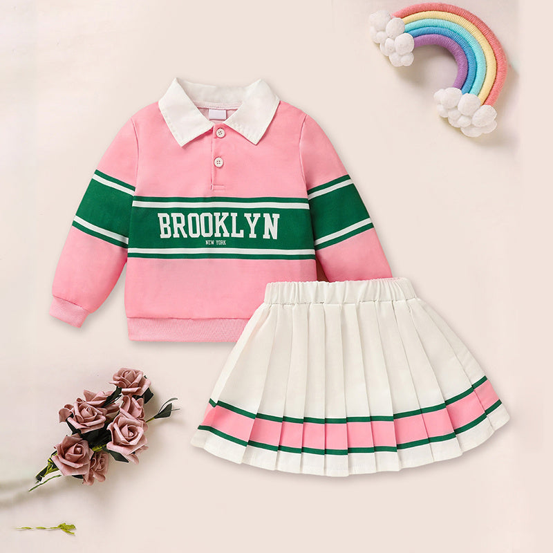 Toddler Girls 2-Piece Outfit – Colorblock Letter Graphic Sweatshirt & Pleated Skirt Set