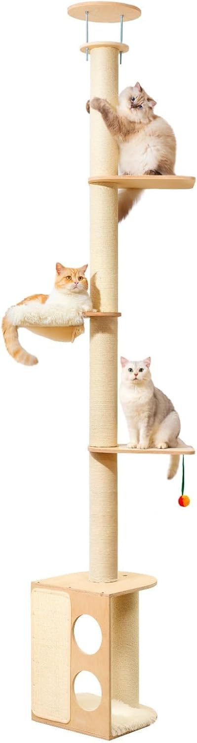 108" Floor-to-Ceiling Cat Tree – Wooden Multi-Level Tower with Sisal Scratching Posts, Perches & Hammock