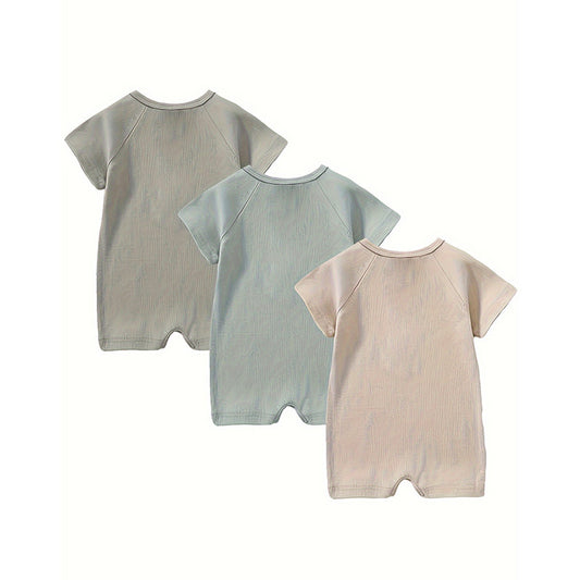 3-Pack Baby Boys Long Sleeve Romper Set – Ribbed One-Piece Jumpsuits with Buttons