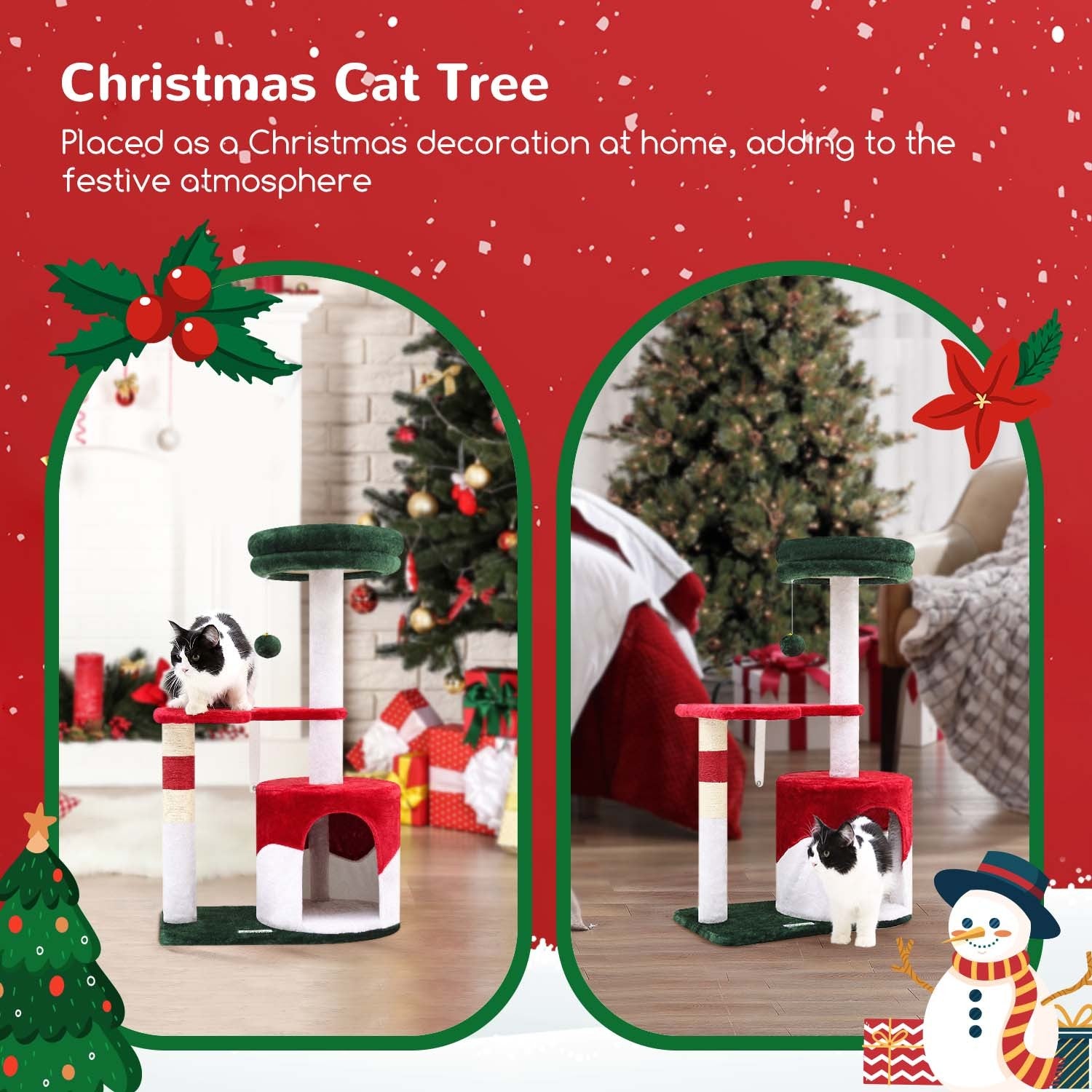 33″ Christmas-Style Cat Climbing Frame – Festive Multi-Level Tower with Scratching Posts & Hammock