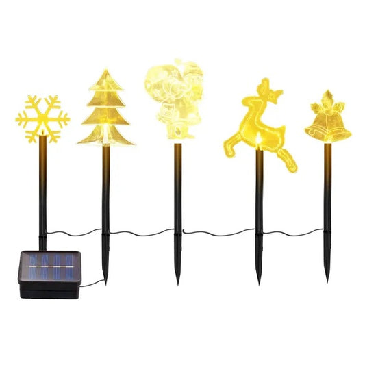 5-Piece Mixed Christmas Solar Stake Lights – Reindeer, Snowflake, Bell, Christmas Tree & Santa Claus, Warm Yellow LEDs, IP44 Waterproof