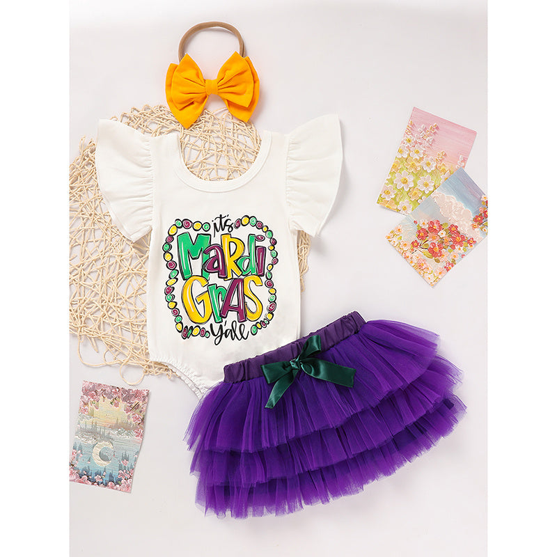 Baby Girl Mardi Gras Outfit 🎭 Ruffle Sleeve Bodysuit + Mesh Tutu Skirt + Hairband Set
