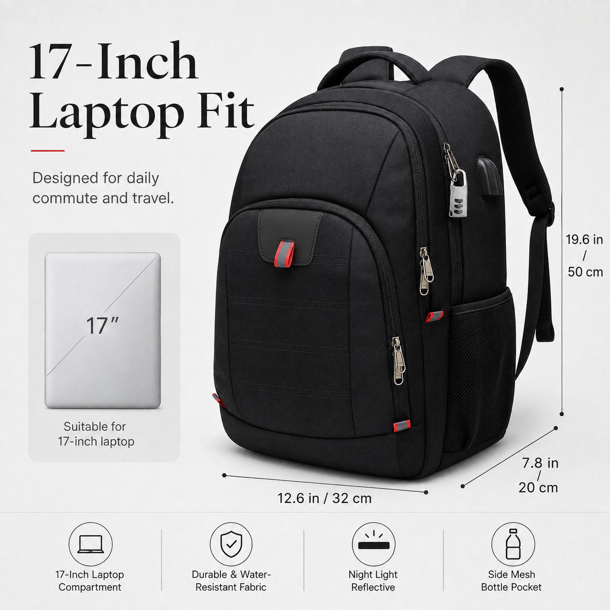 32L Anti-Theft Laptop Backpack – 17.3" Business Travel Backpack with USB Charging