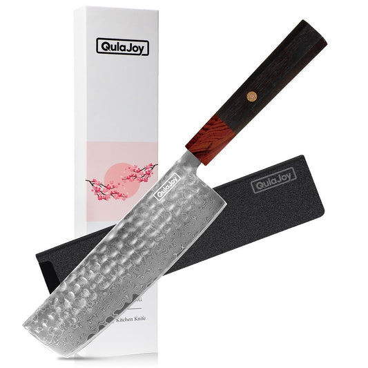Qulajoy 8‑Inch Japanese Damascus VG‑10 Chef Knife – Hammered Blade with Octagonal African Rosewood Handle & Sheath