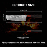 Qulajoy 8‑Inch Japanese Damascus VG‑10 Chef Knife – Hammered Blade with Octagonal African Rosewood Handle & Sheath