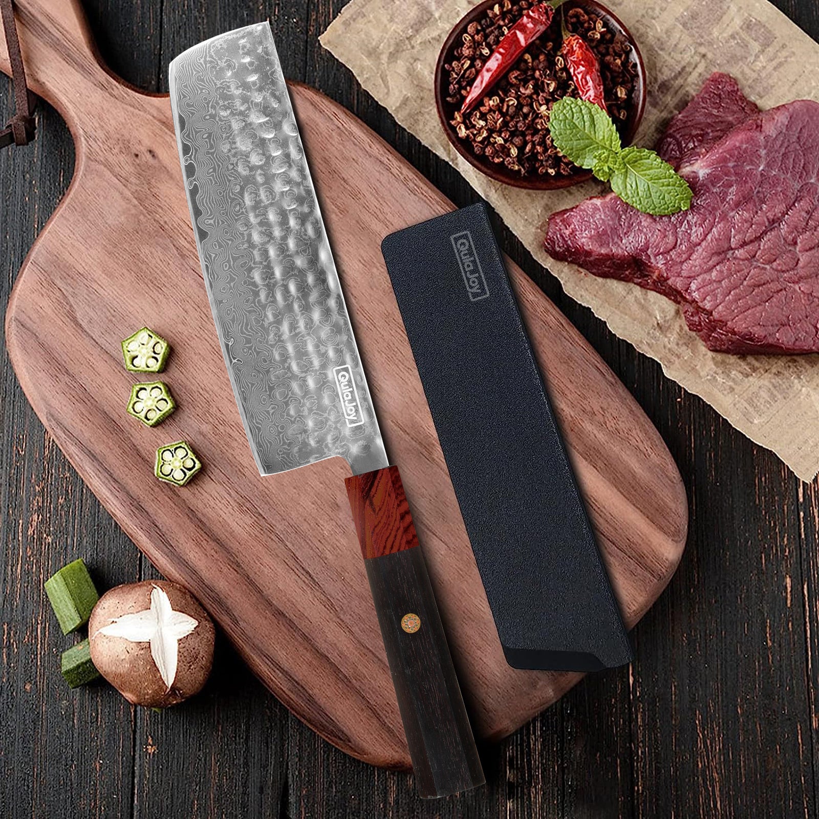 Qulajoy 8‑Inch Japanese Damascus VG‑10 Chef Knife – Hammered Blade with Octagonal African Rosewood Handle & Sheath