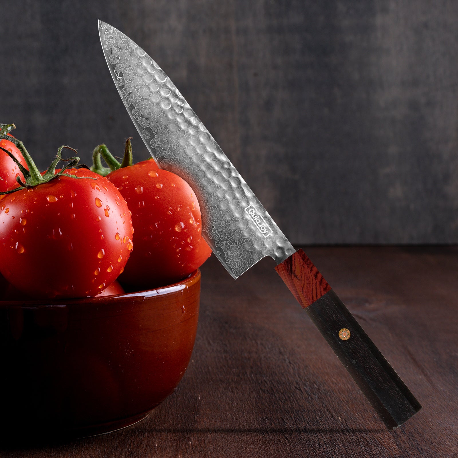 Qulajoy 8‑Inch Japanese Damascus VG‑10 Chef Knife – Hammered Blade with Octagonal African Rosewood Handle & Sheath