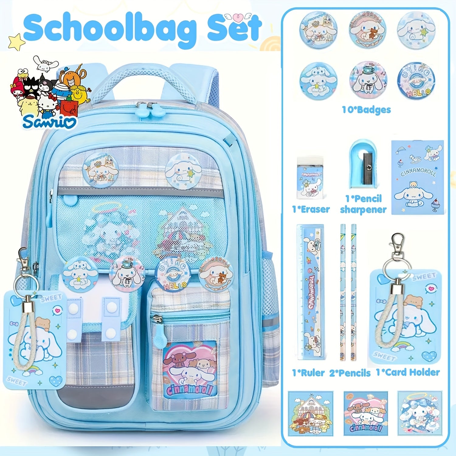 Sanrio Cinnamoroll Collector’s Backpack Bundle – Limited Edition Blue Anime Set with Card Holder, Badges & Stationery 🎒💙