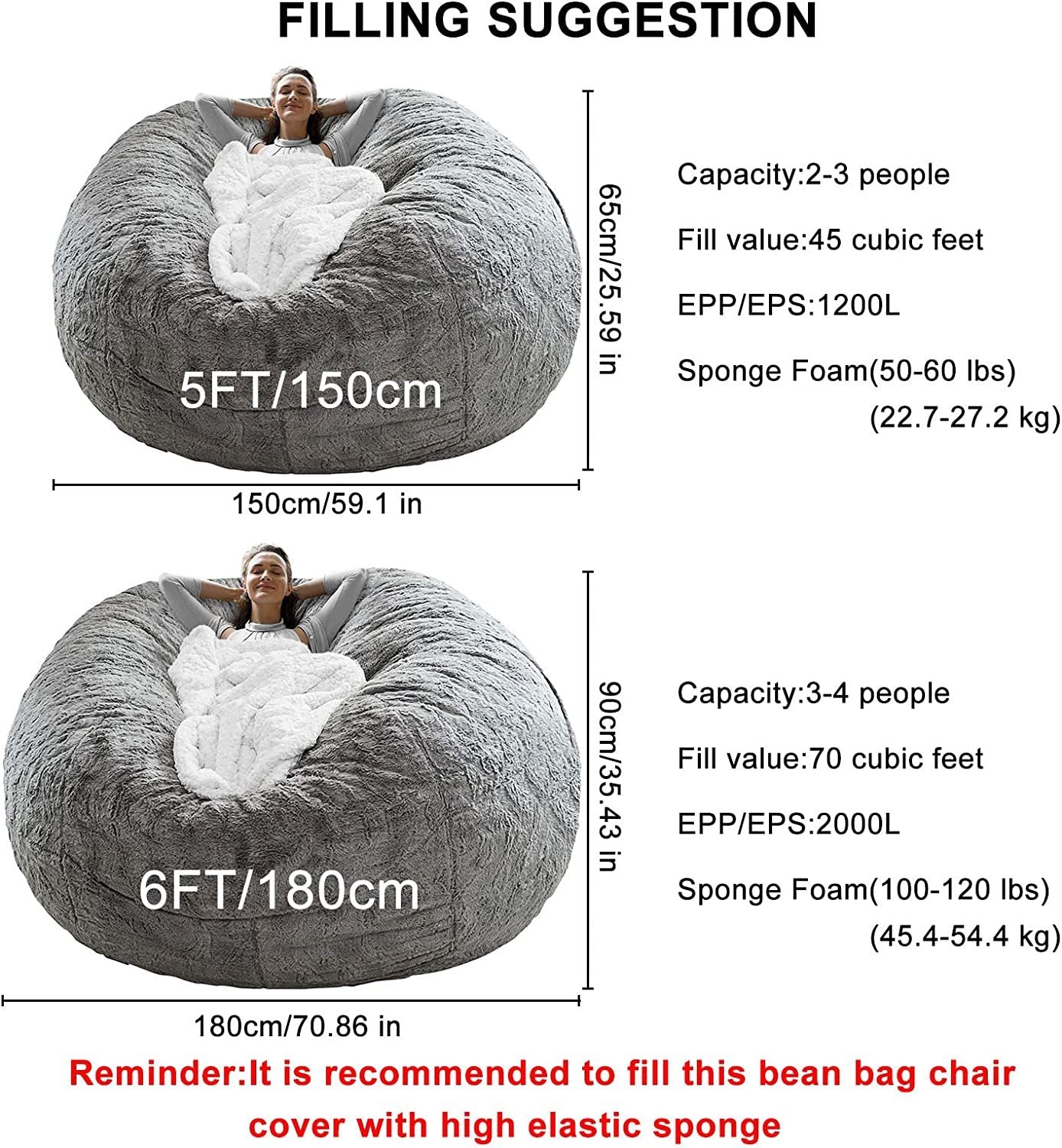 Big Round PV Velvet Bean Bag Cover (5 ft) – Soft Fluffy Cover Only, No Filler