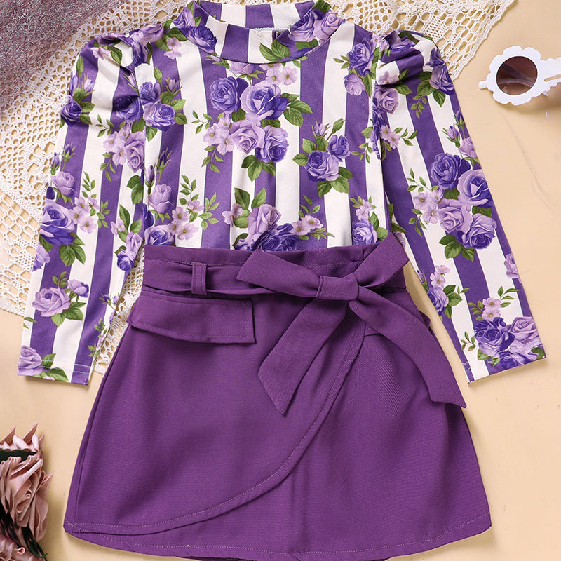 Toddler Girl Purple Rose Print Outfit – Stripe Top with Belted Skirt Set, Cute Holiday & Going Out Clothes for Spring and Fall