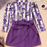 Toddler Girl Purple Rose Print Outfit – Stripe Top with Belted Skirt Set, Cute Holiday & Going Out Clothes for Spring and Fall