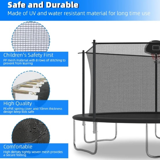 14-ft Trampoline with Safety Enclosure Net & Basketball Hoop – Outdoor Jumping Set