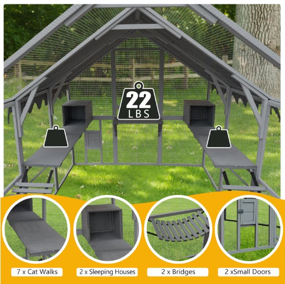 Outdoor Cat House with Platforms – 110″ Large Kitten Enclosure & Playpen with Waterproof Cover (Grey)