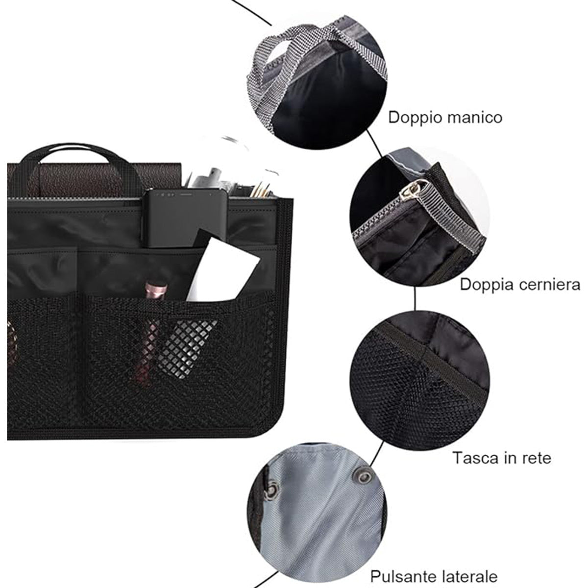 Handbag Organizer Insert for Women – 13 Pockets, Zipper Closure, Portable Purse Organizer with Handle